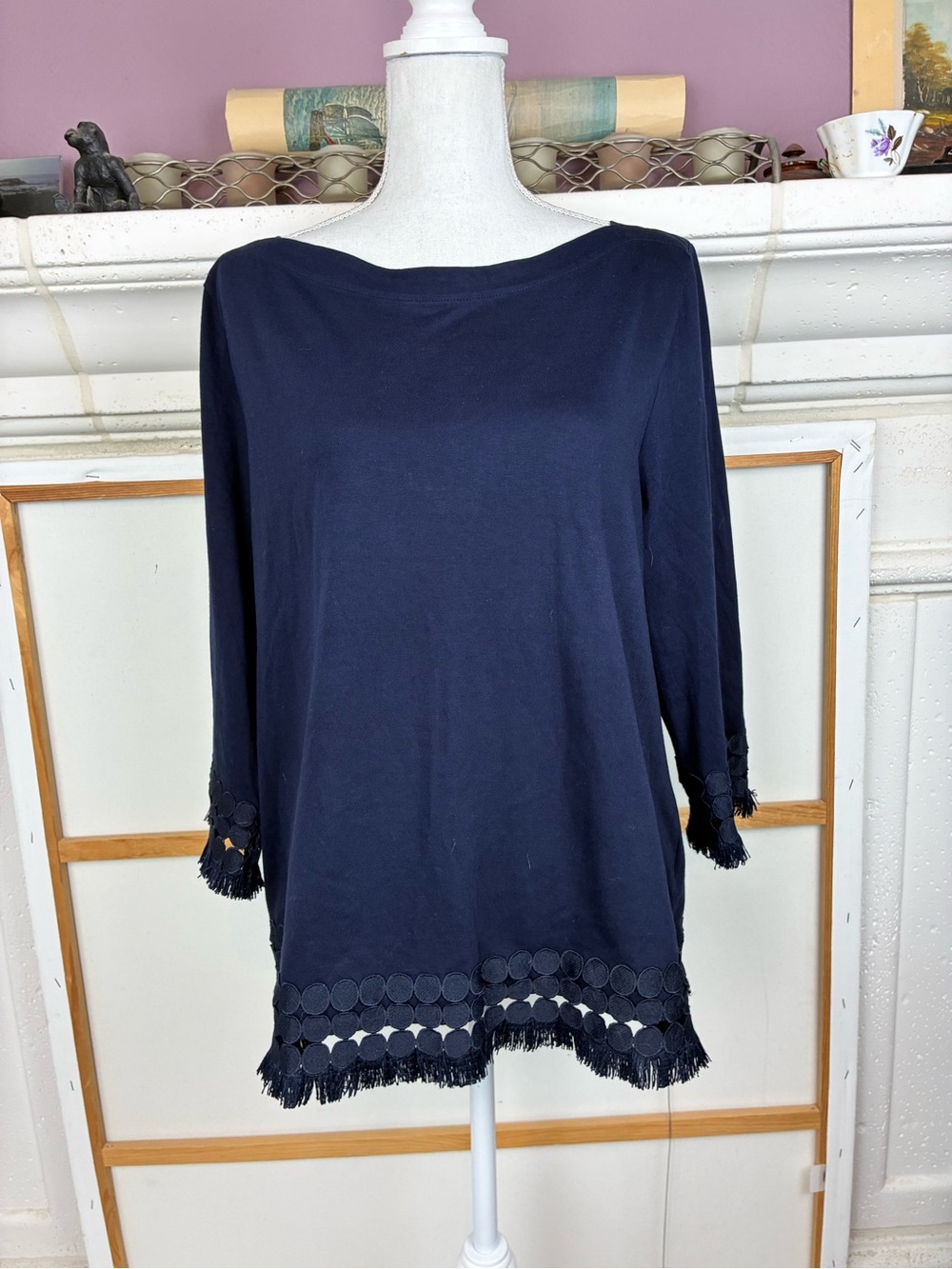 Talbots Deep Navy Mod Circle Fringe-Trim Boatneck Tunic Pima Cotton
